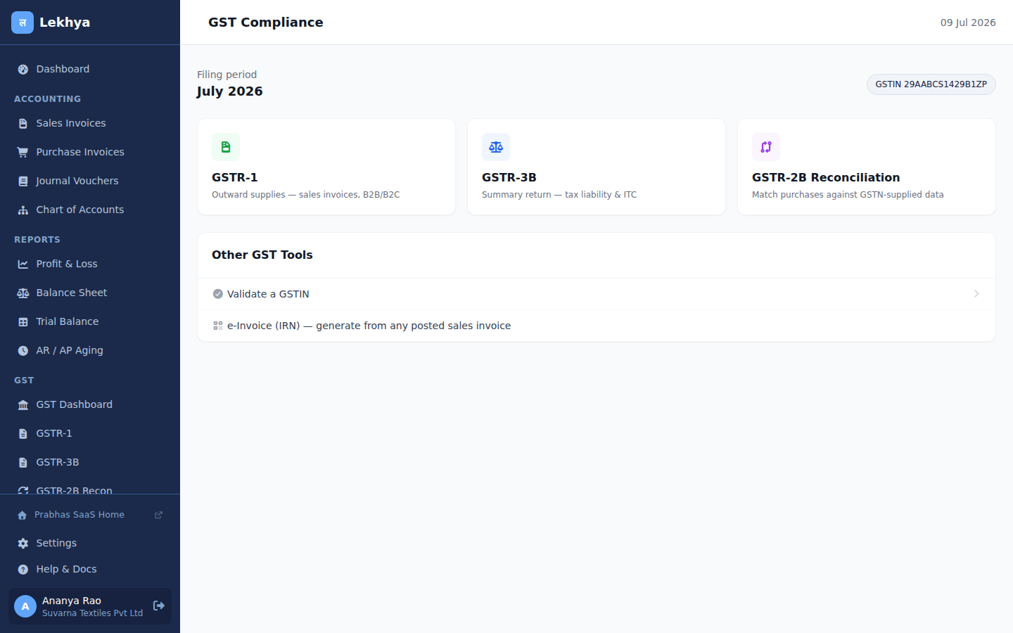 GST compliance dashboard showing GSTR-1, GSTR-3B, and GSTR-2B reconciliation entry points