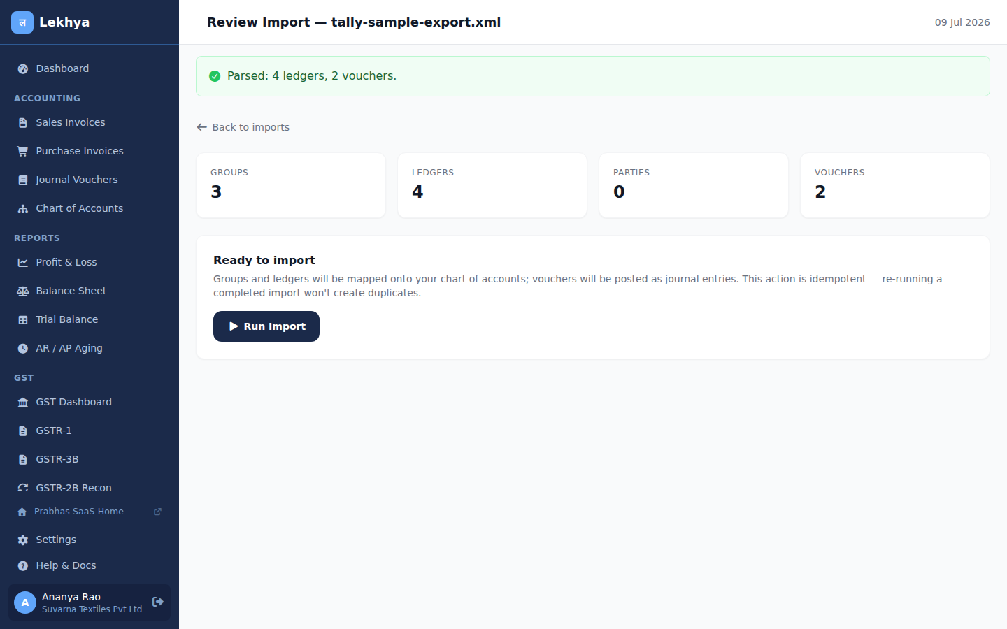 Tally import preview showing parsed groups, ledgers, and vouchers before posting