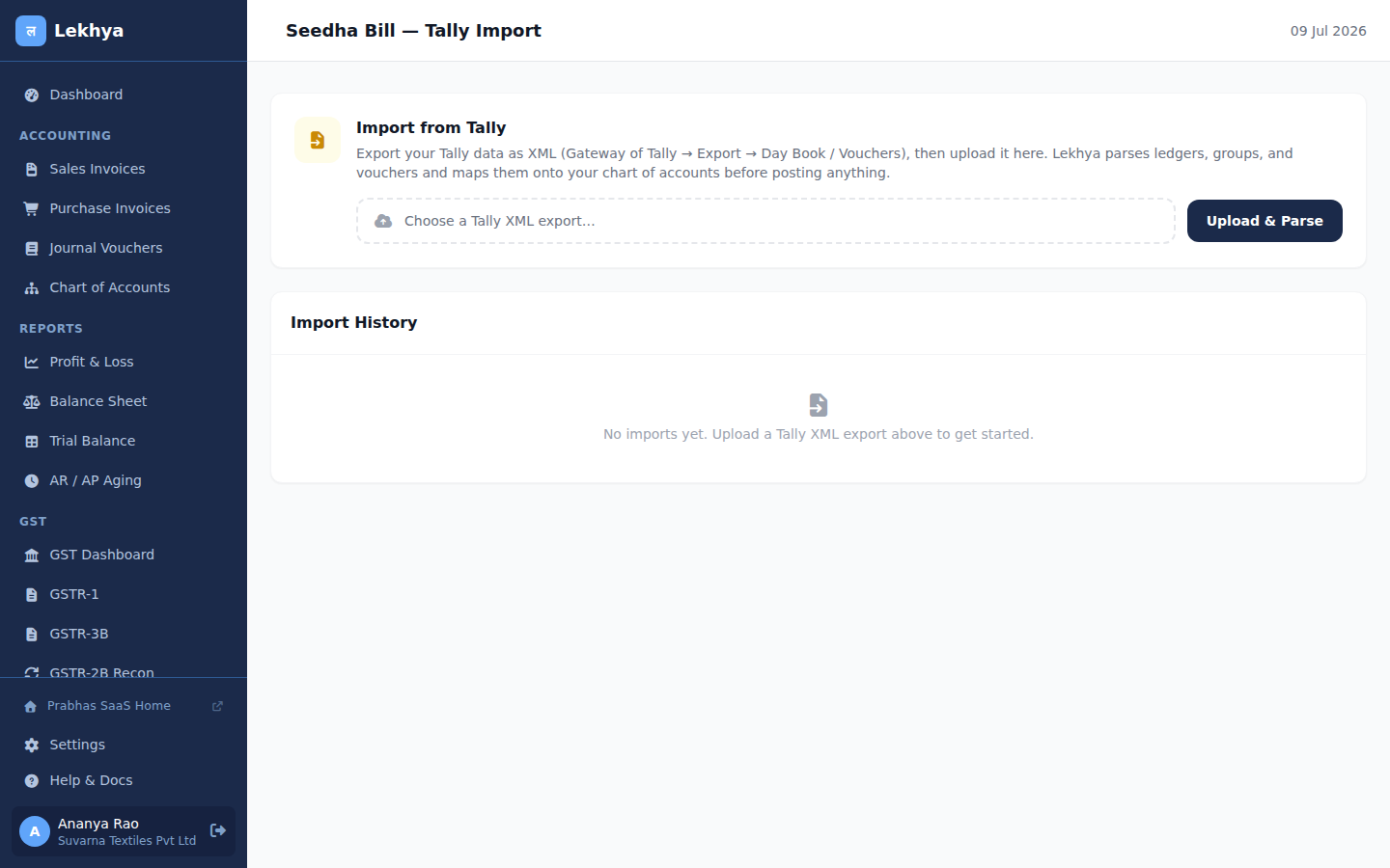 Tally import upload screen with drag-and-drop XML file picker